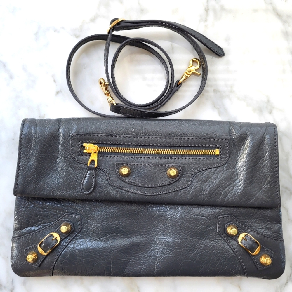 Balenciaga Giant Studs Envelope Strap Clutch Leather in deep gray color